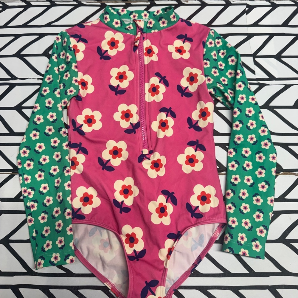 Boden Girls Floral Long Sleeve Swimsuit - Pink, Green & Cream- 7/8 YR